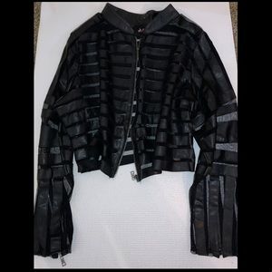 Faux leather and mesh striped jacket